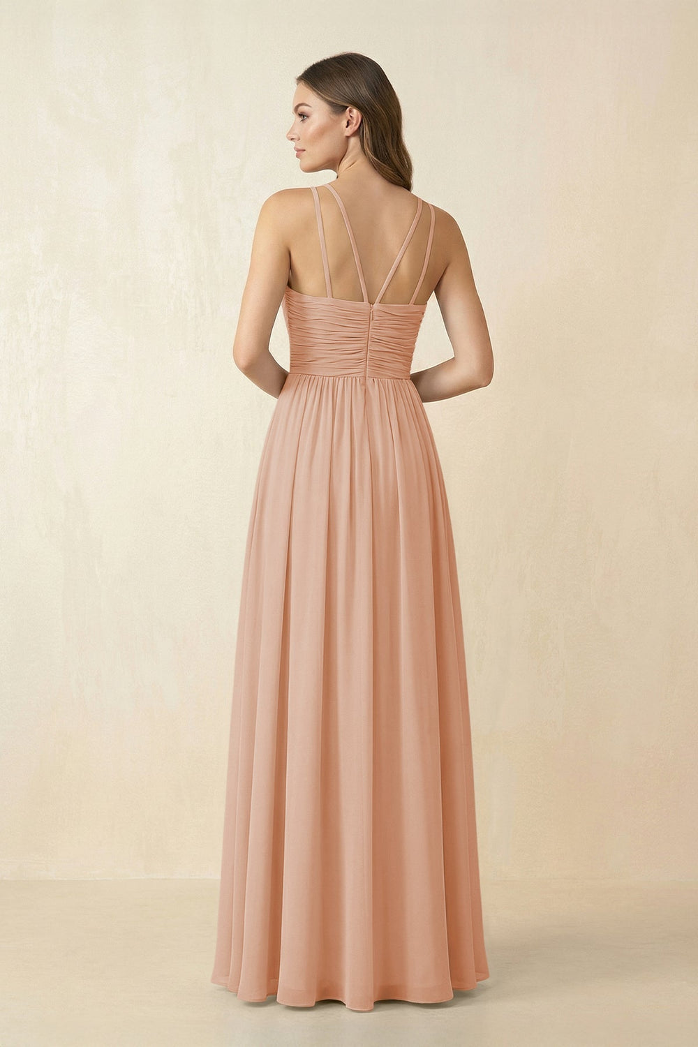 Halter Pleated A-Line Chiffon Bridesmaid Dress in Champagne Rose