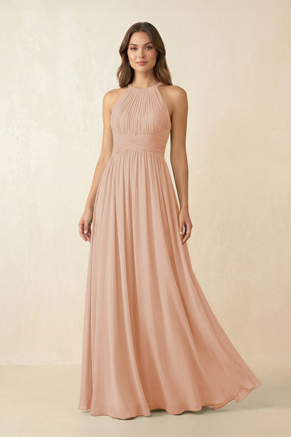 Halter Pleated A-Line Chiffon Bridesmaid Dress in Champagne Rose