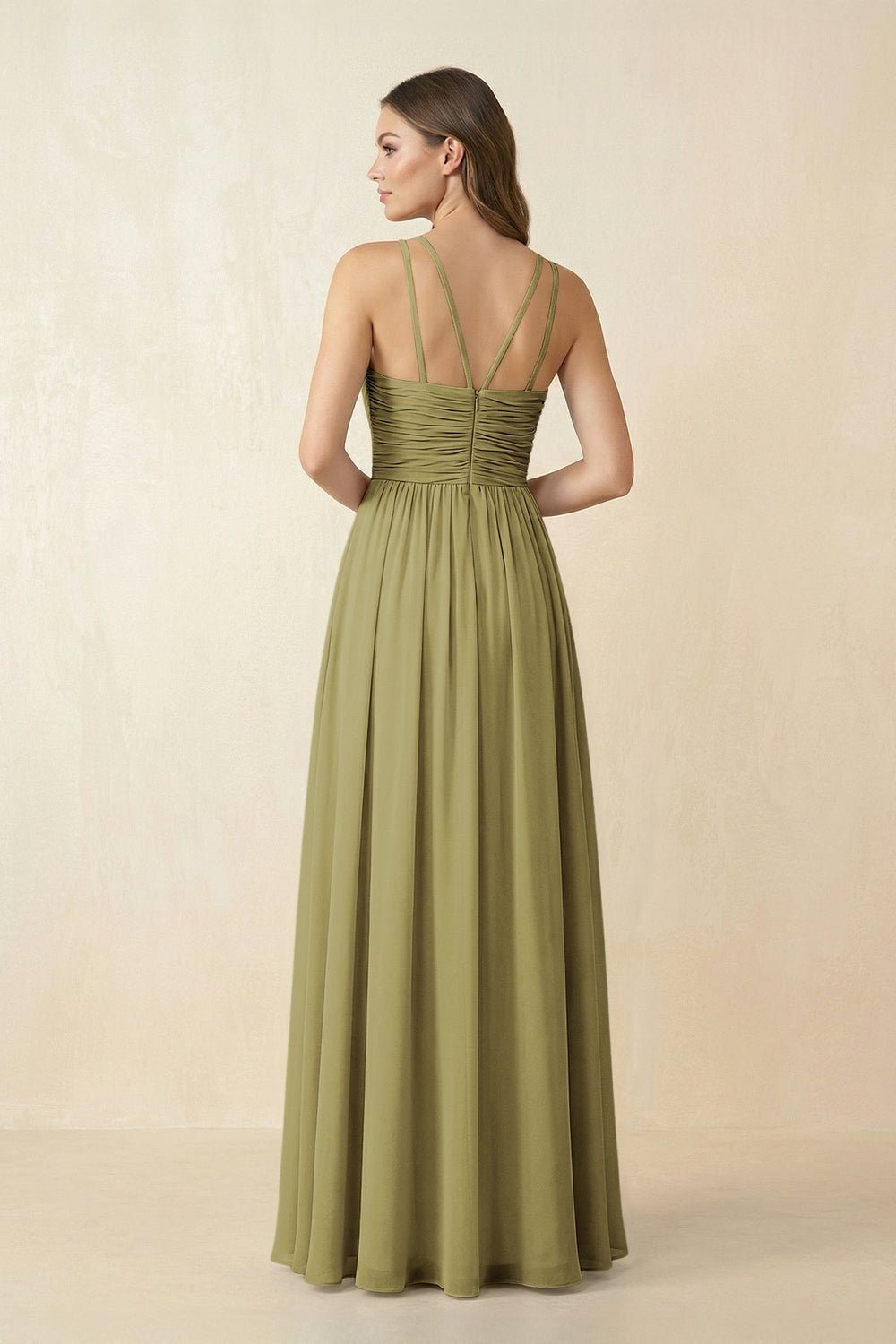 Halter Pleated A-Line Chiffon Bridesmaid Dress in Moss Green