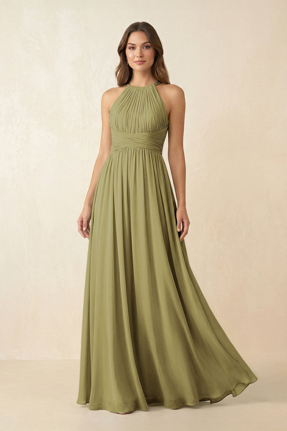 Halter Pleated A-Line Chiffon Bridesmaid Dress in Moss Green