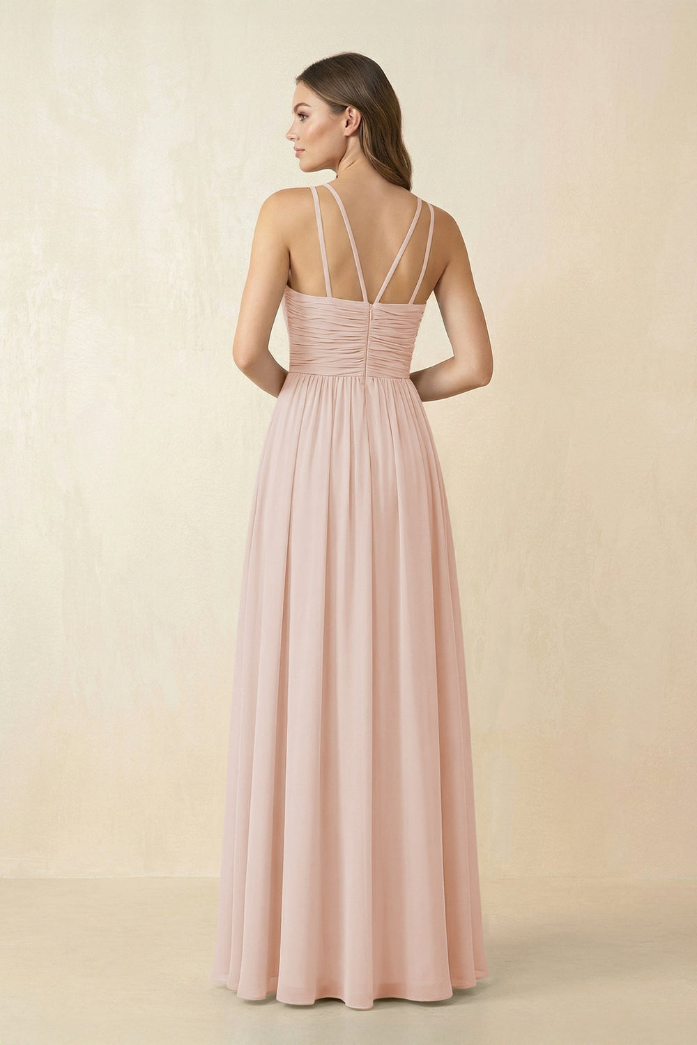 Halter Pleated A-Line Chiffon Bridesmaid Dress in Pale Blush