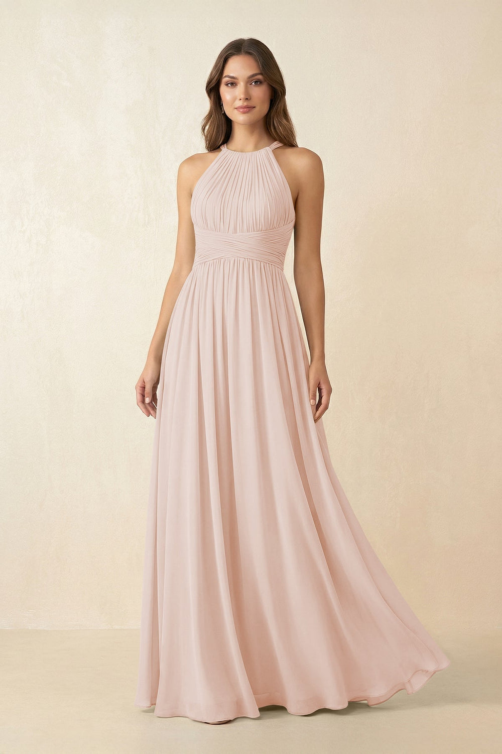 Halter Pleated A-Line Chiffon Bridesmaid Dress in Pale Blush