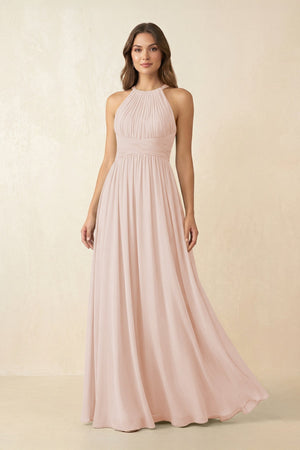 Halter Pleated A - Line Chiffon Bridesmaid Dress in Pale Blush - KISS BRIDAL Bridesmaid Dresses