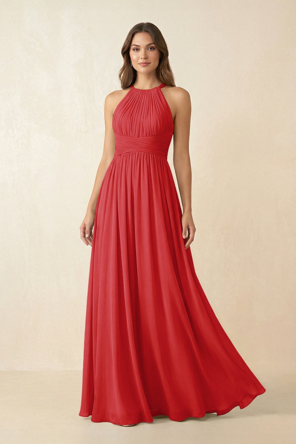 Halter Pleated A-Line Chiffon Bridesmaid Dress in Ruby Red