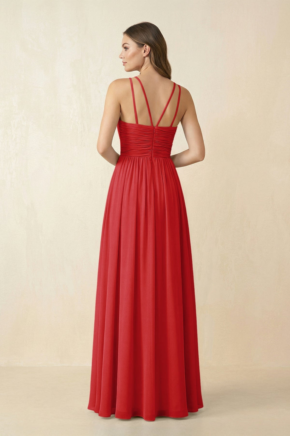Halter Pleated A-Line Chiffon Bridesmaid Dress in Ruby Red