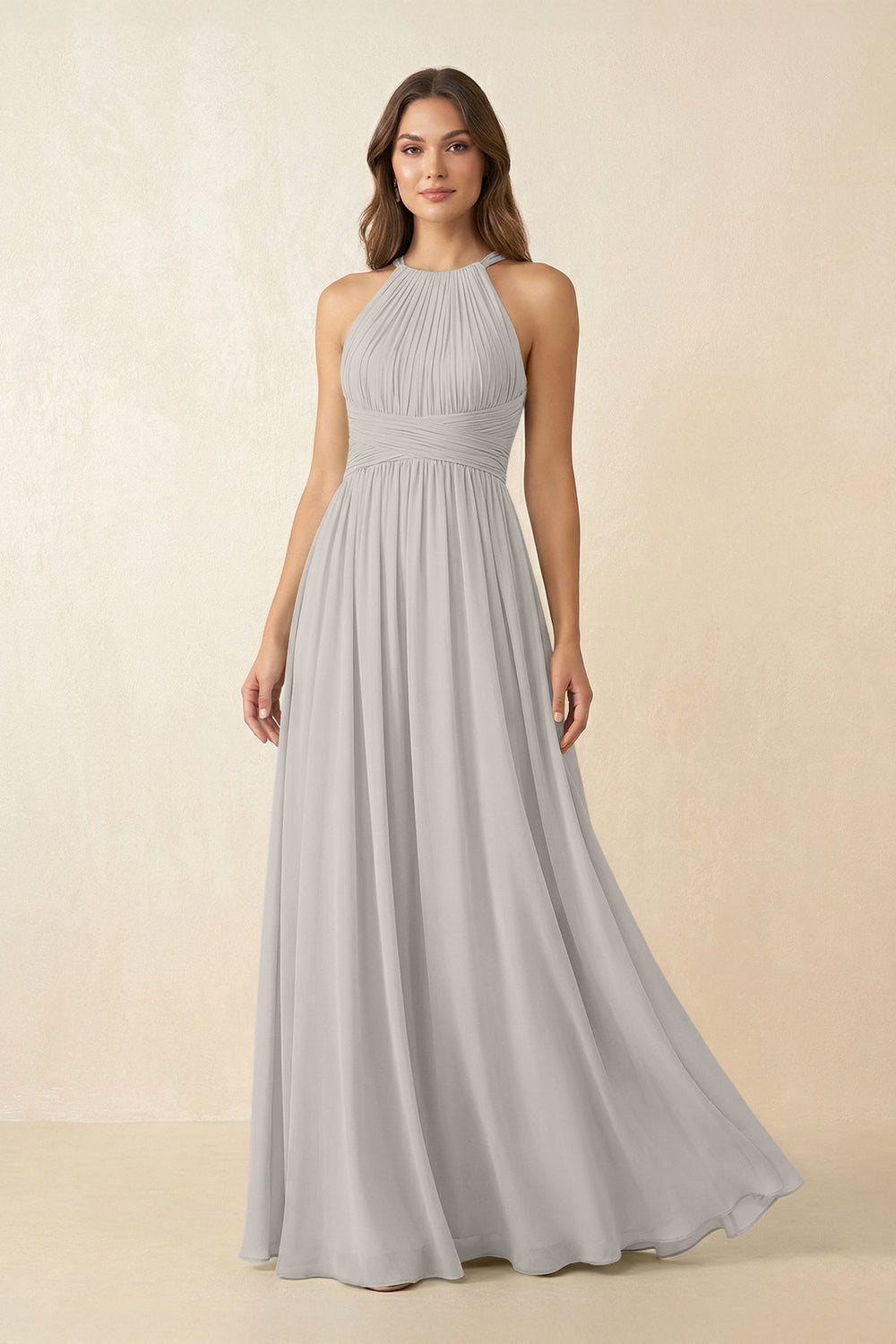 Halter Pleated A-Line Chiffon Bridesmaid Dress in Silver