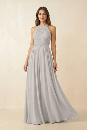 Halter Pleated A - Line Chiffon Bridesmaid Dress in Silver - KISS BRIDAL Bridesmaid Dresses