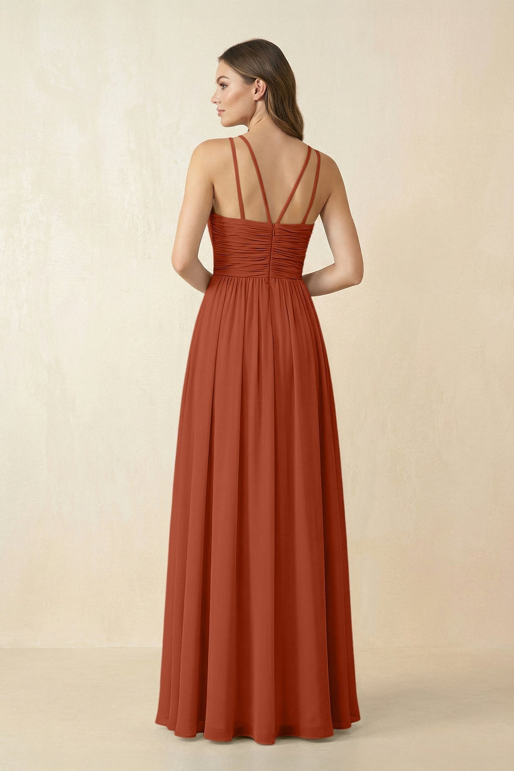 Halter Pleated A-Line Chiffon Bridesmaid Dress in Spice