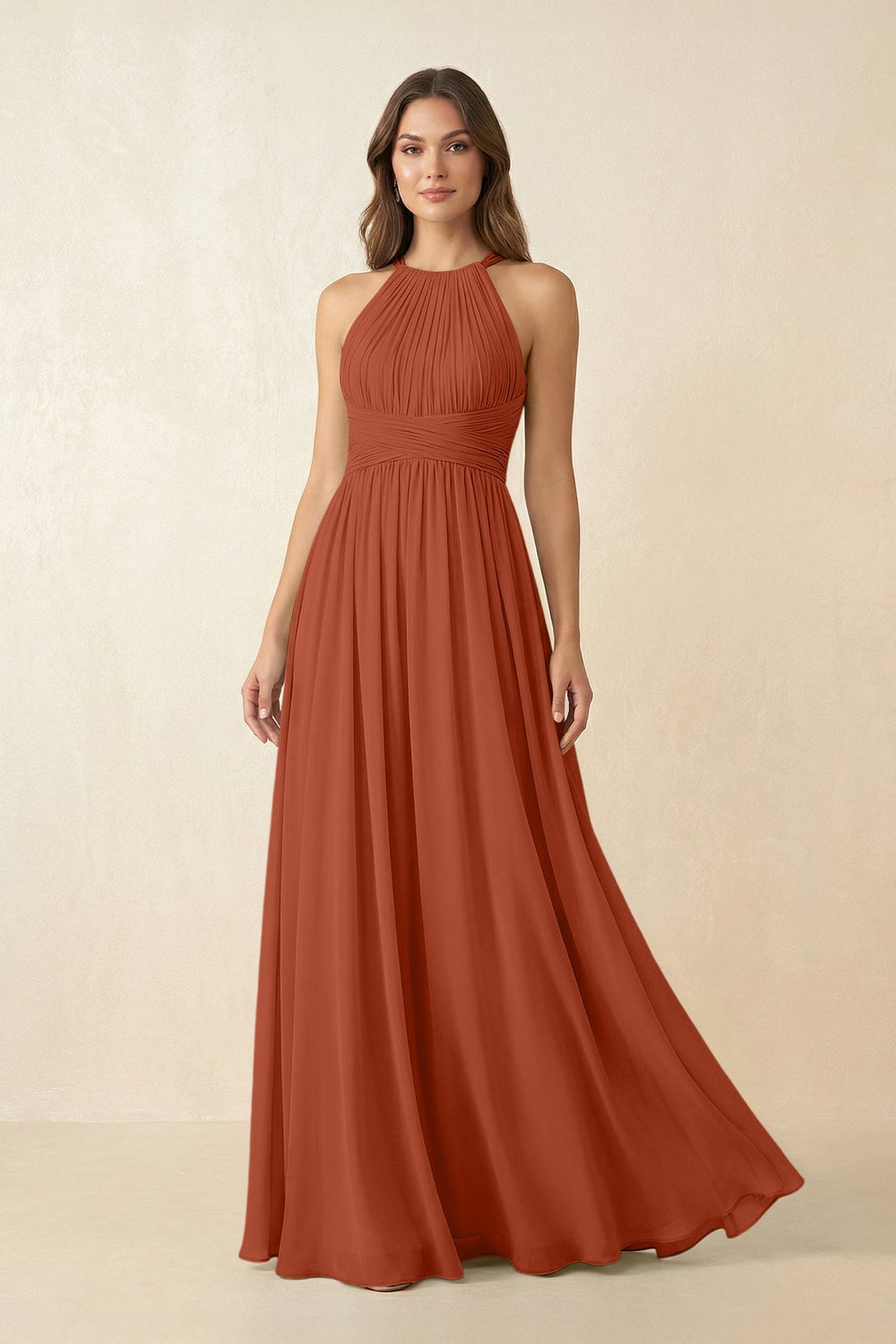 Halter Pleated A-Line Chiffon Bridesmaid Dress in Spice