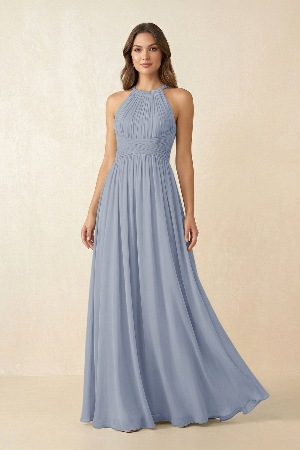 Halter Pleated A-Line Chiffon Bridesmaid Dress in Twilight
