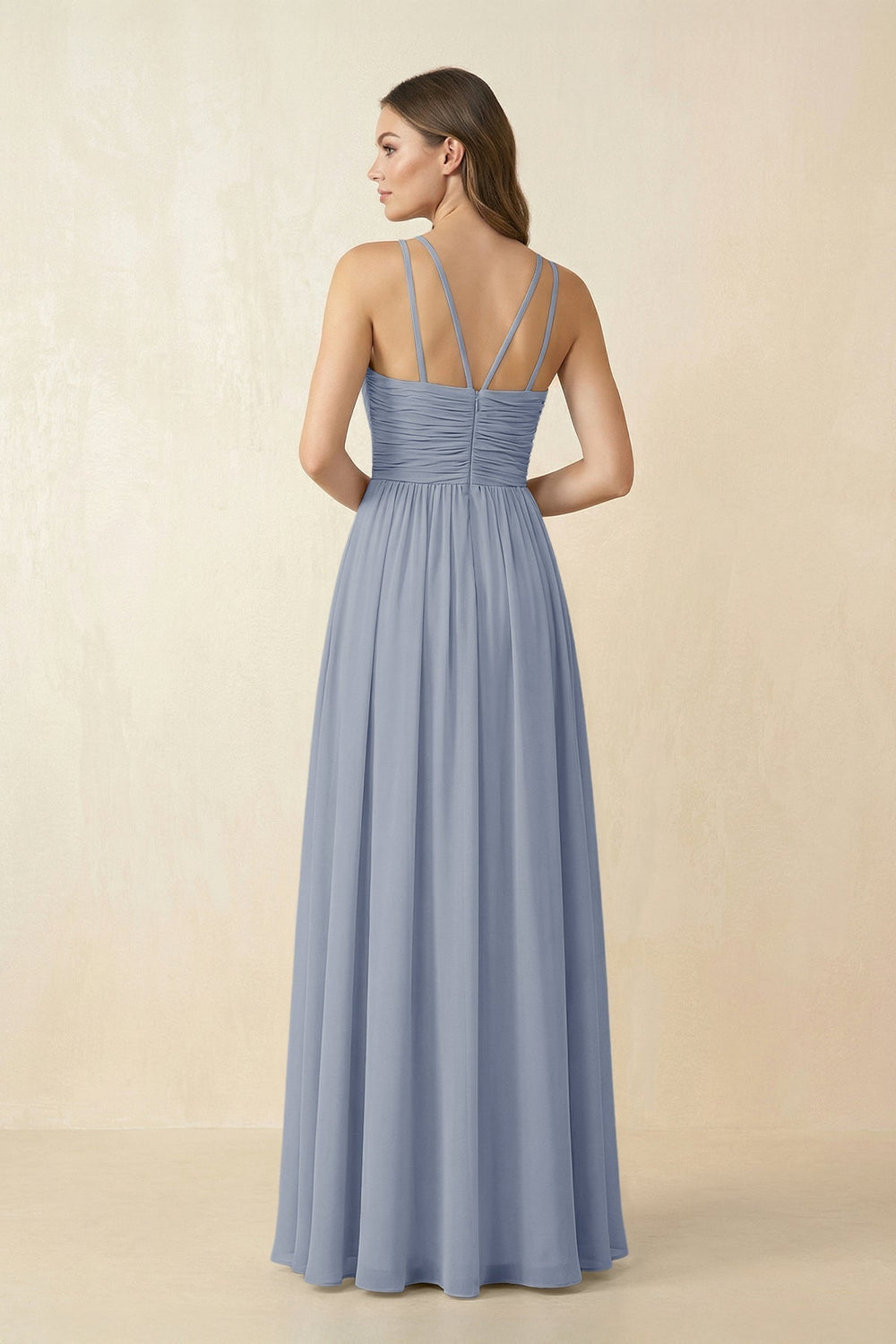 Halter Pleated A-Line Chiffon Bridesmaid Dress in Twilight