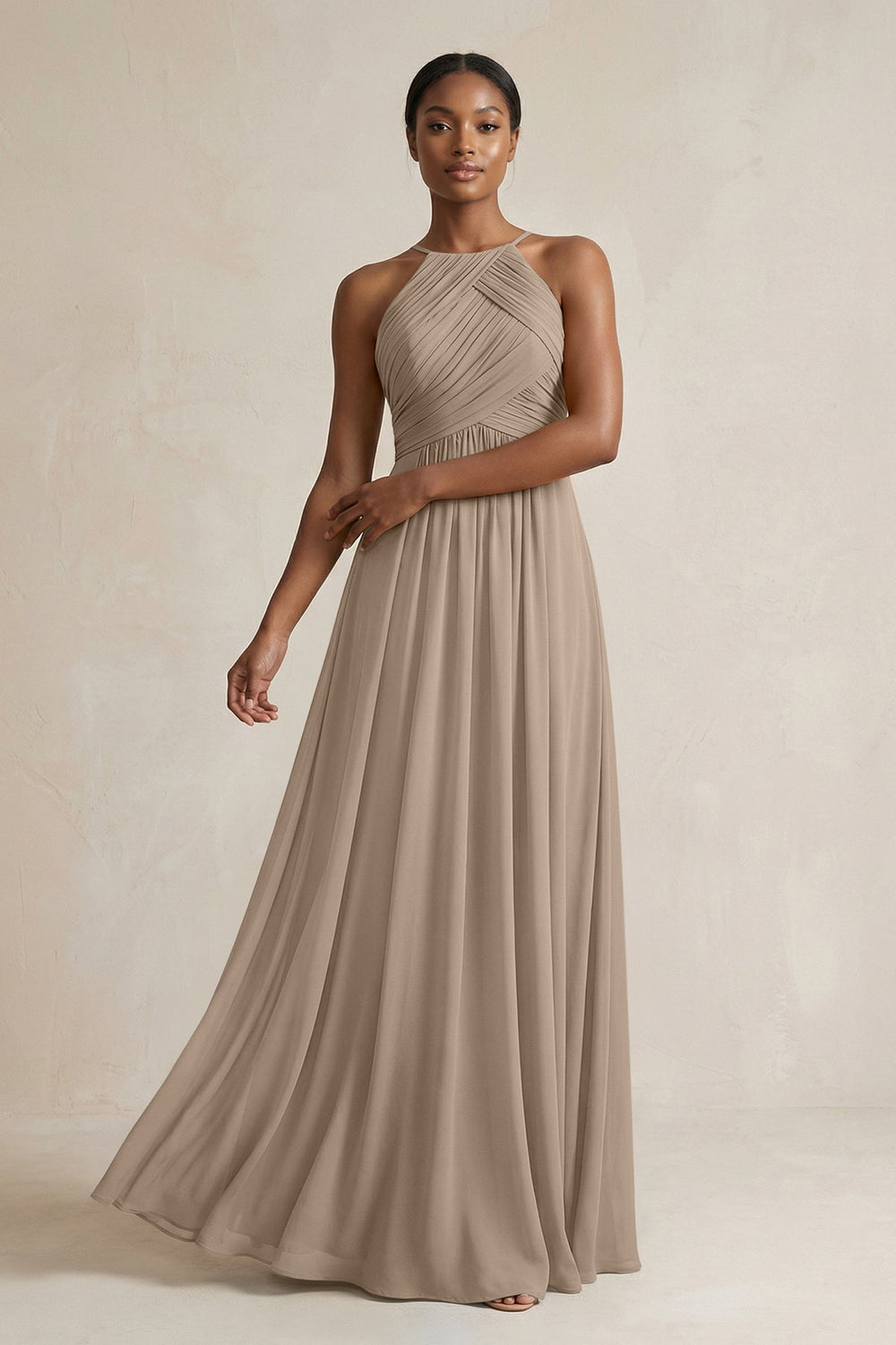 Halter Pleated Chiffon A-Line Bridesmaid Dress in Almond