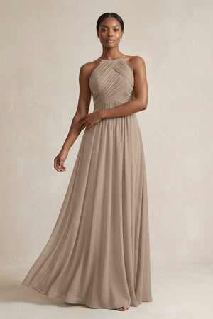 Halter Pleated Chiffon A-Line Bridesmaid Dress in Almond | KISSBRIDAL