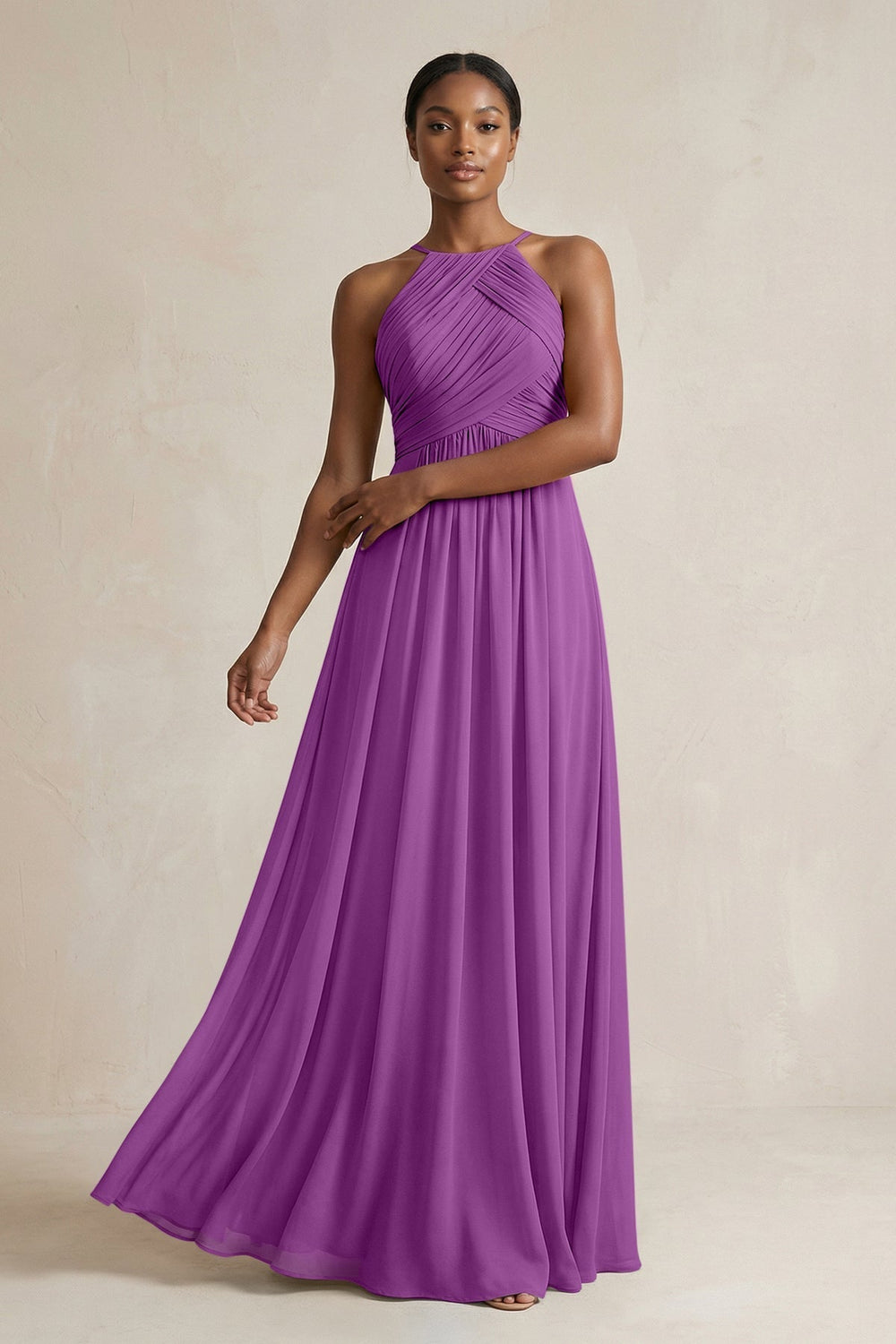 Halter Pleated Chiffon A-Line Bridesmaid Dress in Amethyst