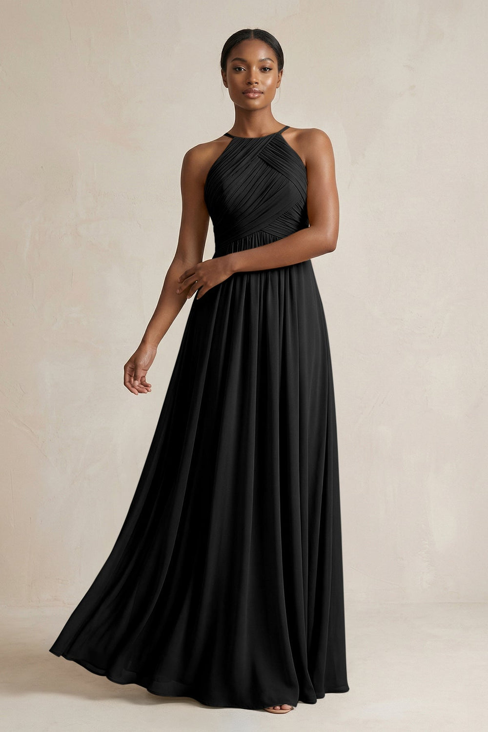 Halter Pleated Chiffon A-Line Bridesmaid Dress in Black