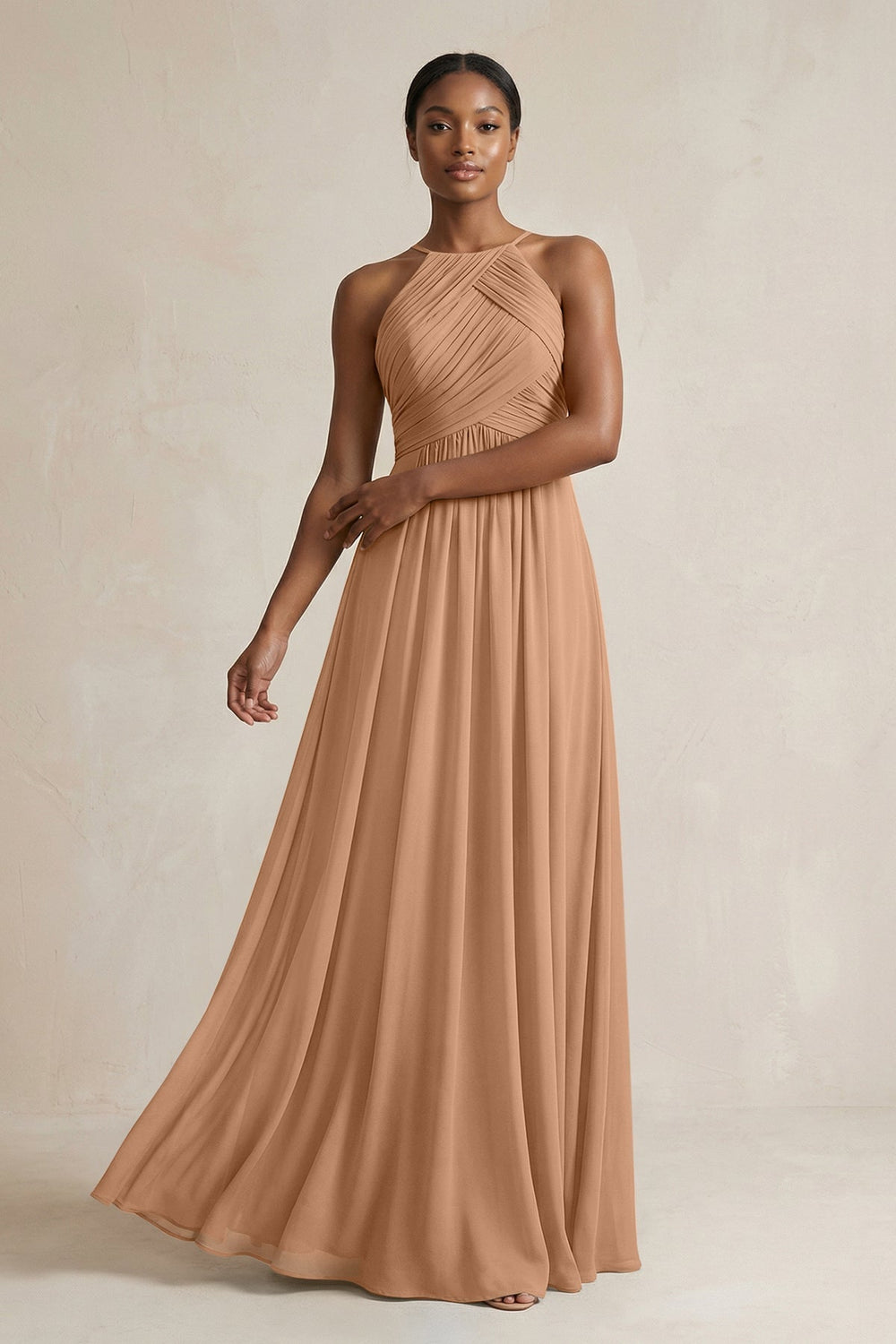 Halter Pleated Chiffon A-Line Bridesmaid Dress in Bronzer
