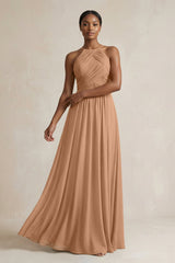 Halter Pleated Chiffon A - Line Bridesmaid Dress in Bronzer - KISS BRIDAL Bridesmaid Dresses
