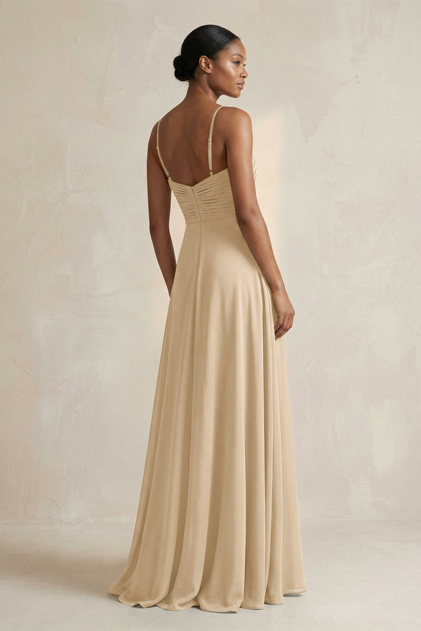 Halter Pleated Chiffon A-Line Bridesmaid Dress in Champagne (2) | KISSBRIDAL