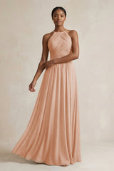 Halter Pleated Chiffon A - Line Bridesmaid Dress in Champagne Rose - KISS BRIDAL Bridesmaid Dresses