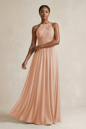 Halter Pleated Chiffon A - Line Bridesmaid Dress in Champagne Rose - KISS BRIDAL Bridesmaid Dresses