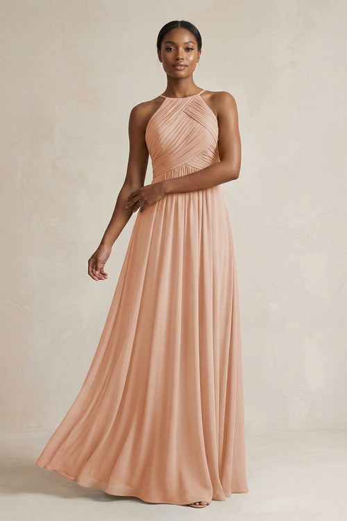 Halter Pleated Chiffon A - Line Bridesmaid Dress in Champagne Rose - KISS BRIDAL Bridesmaid Dresses