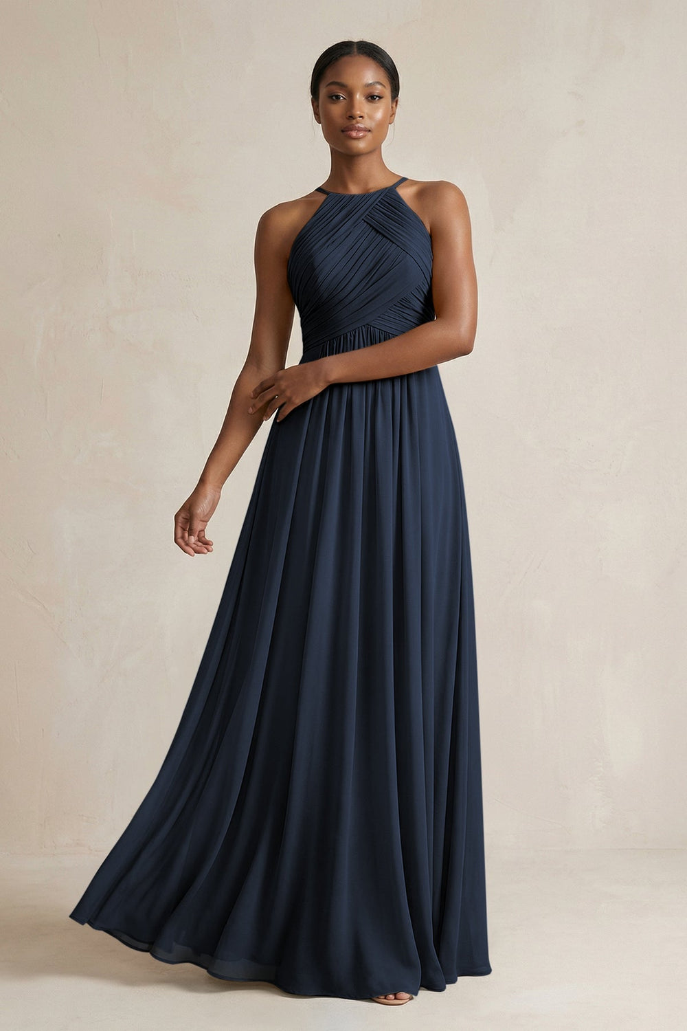 Halter Pleated Chiffon A-Line Bridesmaid Dress in Dark Navy