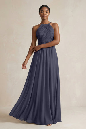 Halter Pleated Chiffon A - Line Bridesmaid Dress in Dusk Blue - KISS BRIDAL Bridesmaid Dresses