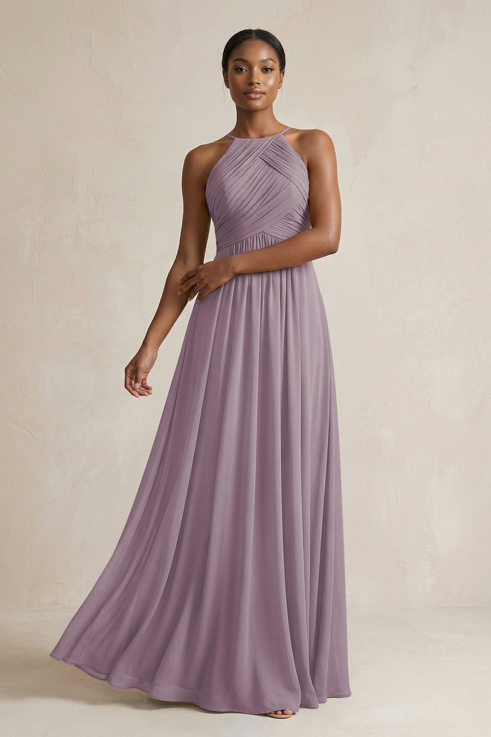 Halter Pleated Chiffon A-Line Bridesmaid Dress in Dusk