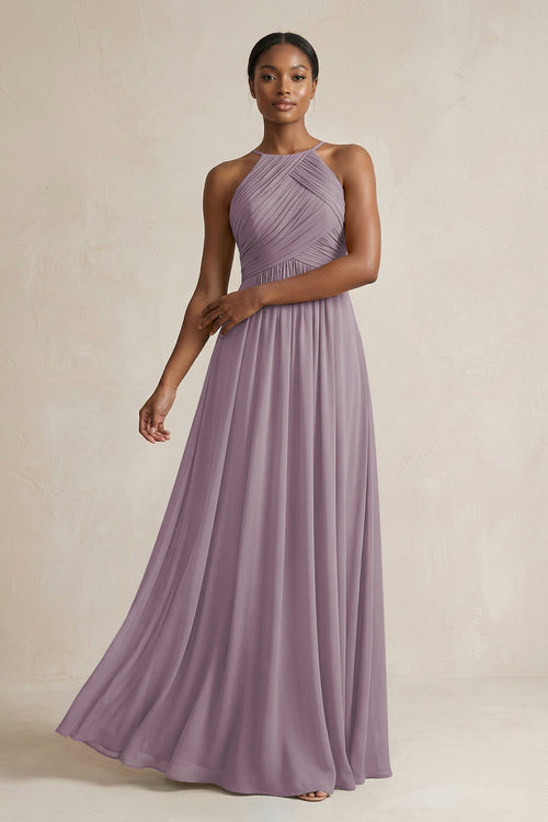 Halter Pleated Chiffon A-Line Bridesmaid Dress in Dusk | KISSBRIDAL