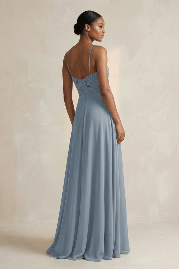 Halter Pleated Chiffon A-Line Bridesmaid Dress in Dusty Blue (2) | KISSBRIDAL