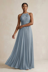 Halter Pleated Chiffon A-Line Bridesmaid Dress in Dusty Blue | KISSBRIDAL