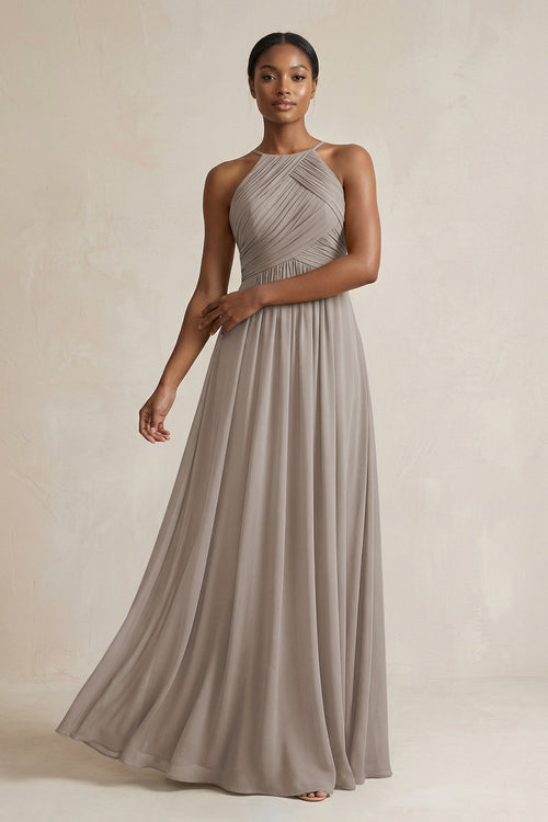 Halter Pleated Chiffon A-Line Bridesmaid Dress in Frost | KISSBRIDAL