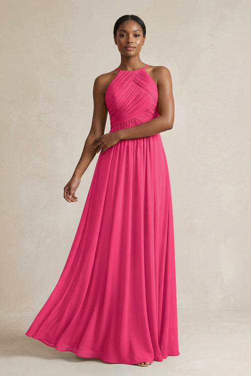 Halter Pleated Chiffon A-Line Bridesmaid Dress in Fuchsia | KISSBRIDAL