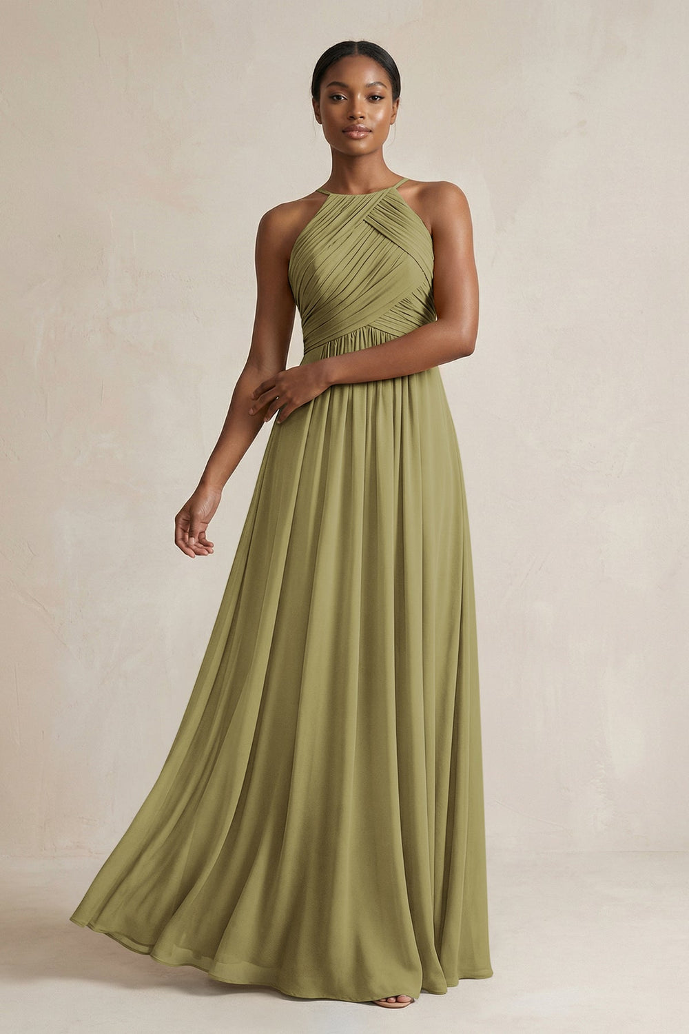 Halter Pleated Chiffon A-Line Bridesmaid Dress in Moss Green
