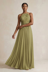 Halter Pleated Chiffon A-Line Bridesmaid Dress in Moss Green | KISSBRIDAL