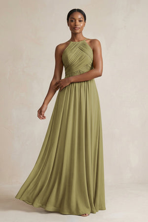 Halter Pleated Chiffon A-Line Bridesmaid Dress in Moss Green | KISSBRIDAL