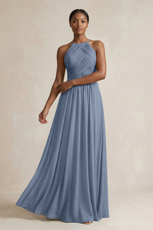 Halter Pleated Chiffon A - Line Bridesmaid Dress in Neptune - KISS BRIDAL Bridesmaid Dresses