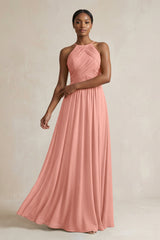 Halter Pleated Chiffon A-Line Bridesmaid Dress in Rosette | KISSBRIDAL