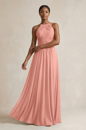 Halter Pleated Chiffon A-Line Bridesmaid Dress in Rosette | KISSBRIDAL