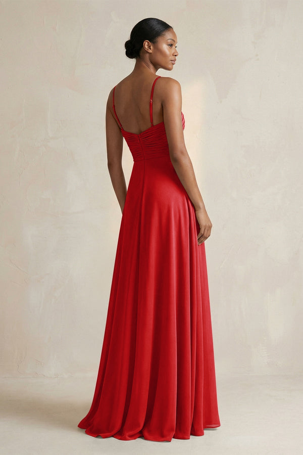 Halter Pleated Chiffon A - Line Bridesmaid Dress in Ruby Red - KISS BRIDAL Bridesmaid Dresses