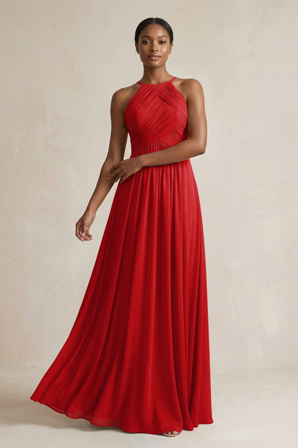 Halter Pleated Chiffon A-Line Bridesmaid Dress in Ruby Red