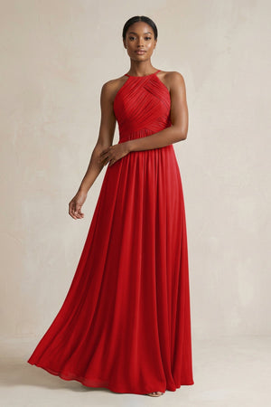 Halter Pleated Chiffon A - Line Bridesmaid Dress in Ruby Red - KISS BRIDAL Bridesmaid Dresses