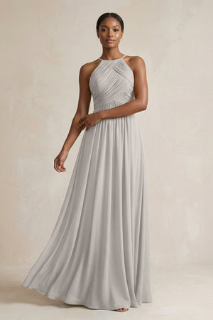 Halter Pleated Chiffon A - Line Bridesmaid Dress in Silver - KISS BRIDAL Bridesmaid Dresses