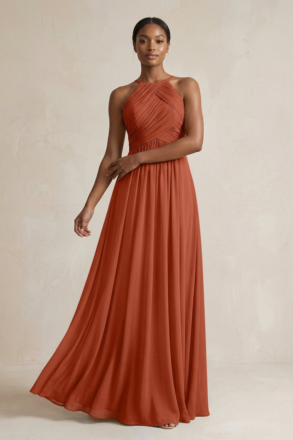 Halter Pleated Chiffon A-Line Bridesmaid Dress in Spice