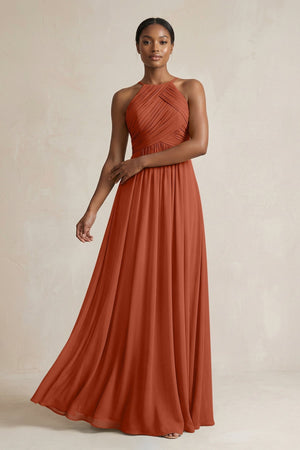 Halter Pleated Chiffon A - Line Bridesmaid Dress in Spice - KISS BRIDAL Bridesmaid Dresses