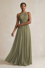 Halter Pleated Chiffon A-Line Bridesmaid Dress in Thyme | KISSBRIDAL