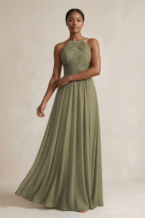 Halter Pleated Chiffon A-Line Bridesmaid Dress in Thyme | KISSBRIDAL