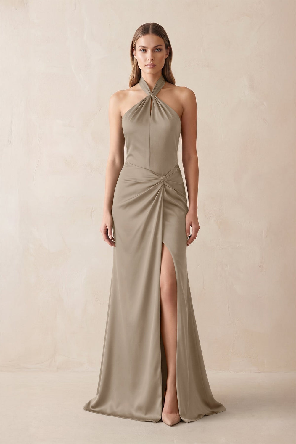 Halter Ruched Sheath Satin Bridesmaid Dress in Almond