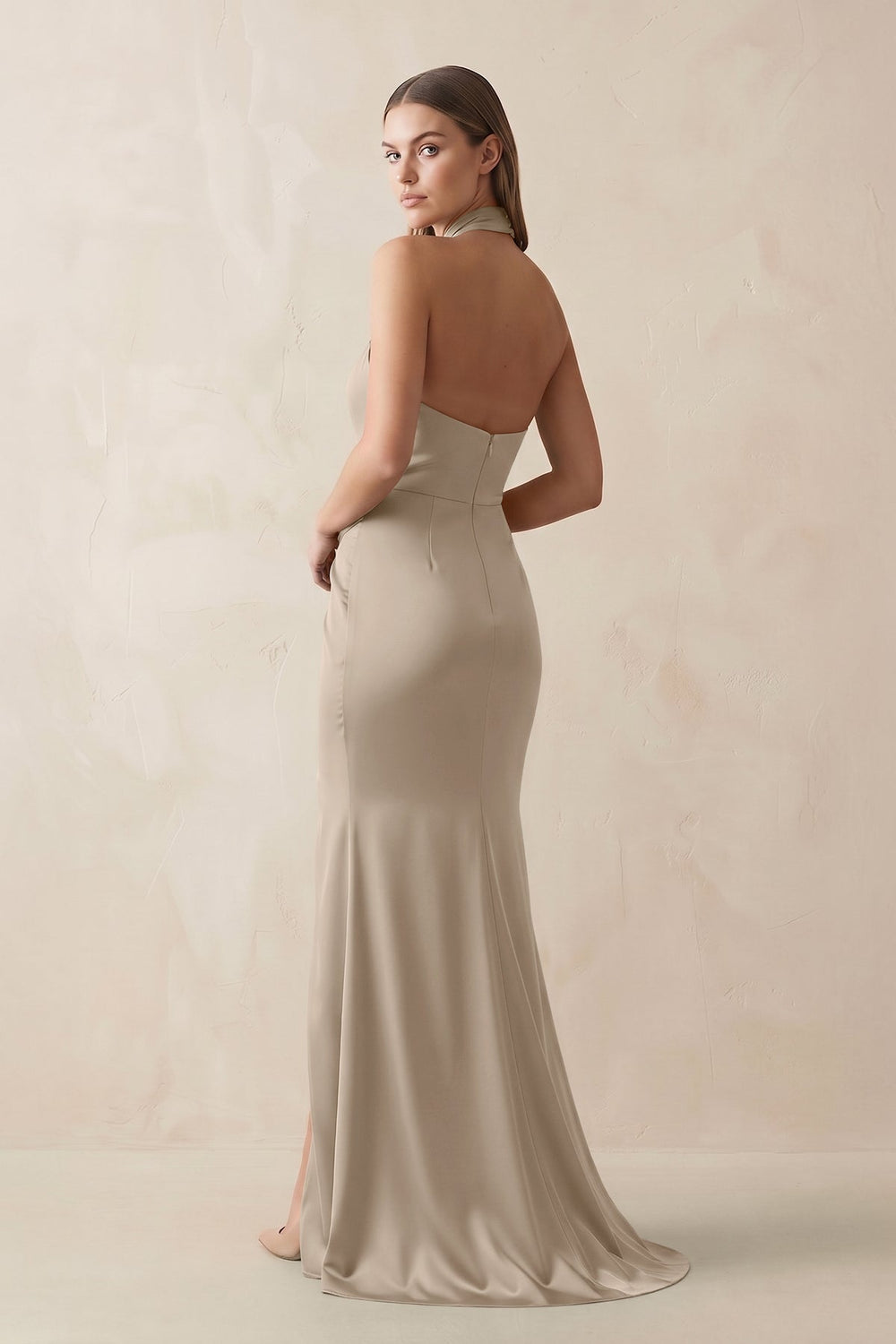 Halter Ruched Sheath Satin Bridesmaid Dress in Almond