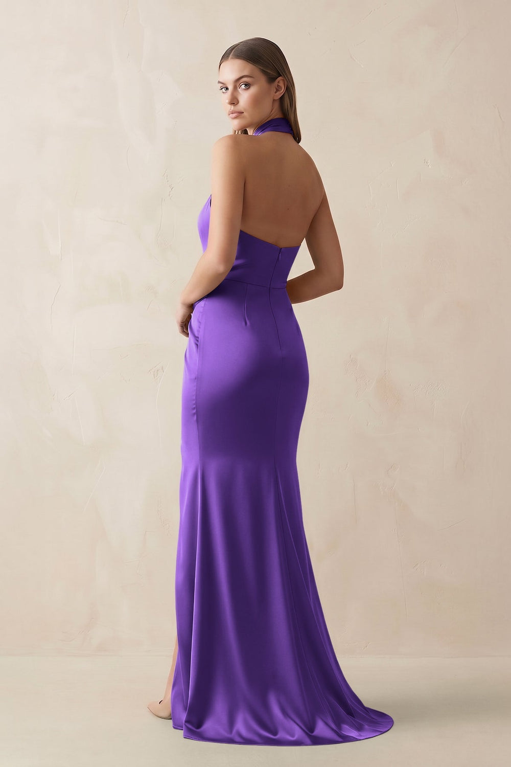 Halter Ruched Sheath Satin Bridesmaid Dress in Amethyst